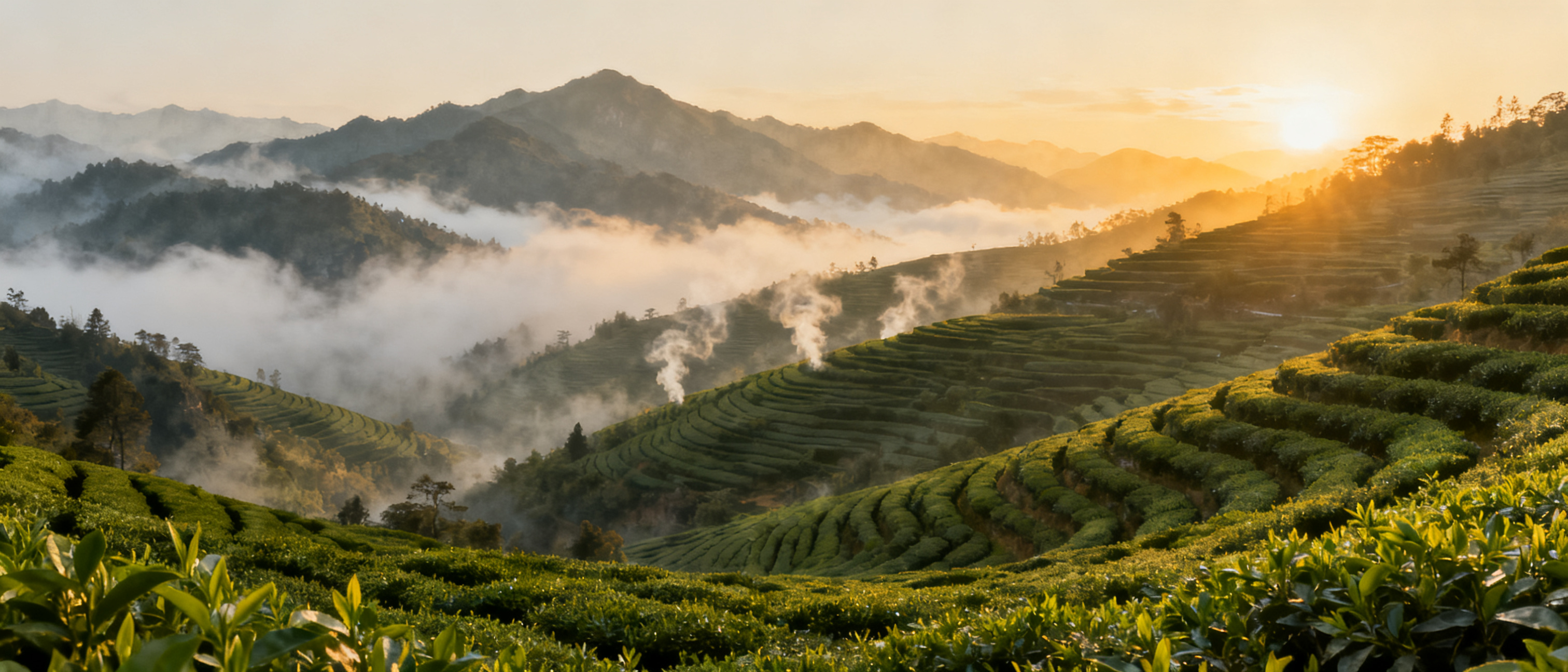 宏大开阔的高山茶园全景，层层叠叠的茶树梯田延伸至云雾远山